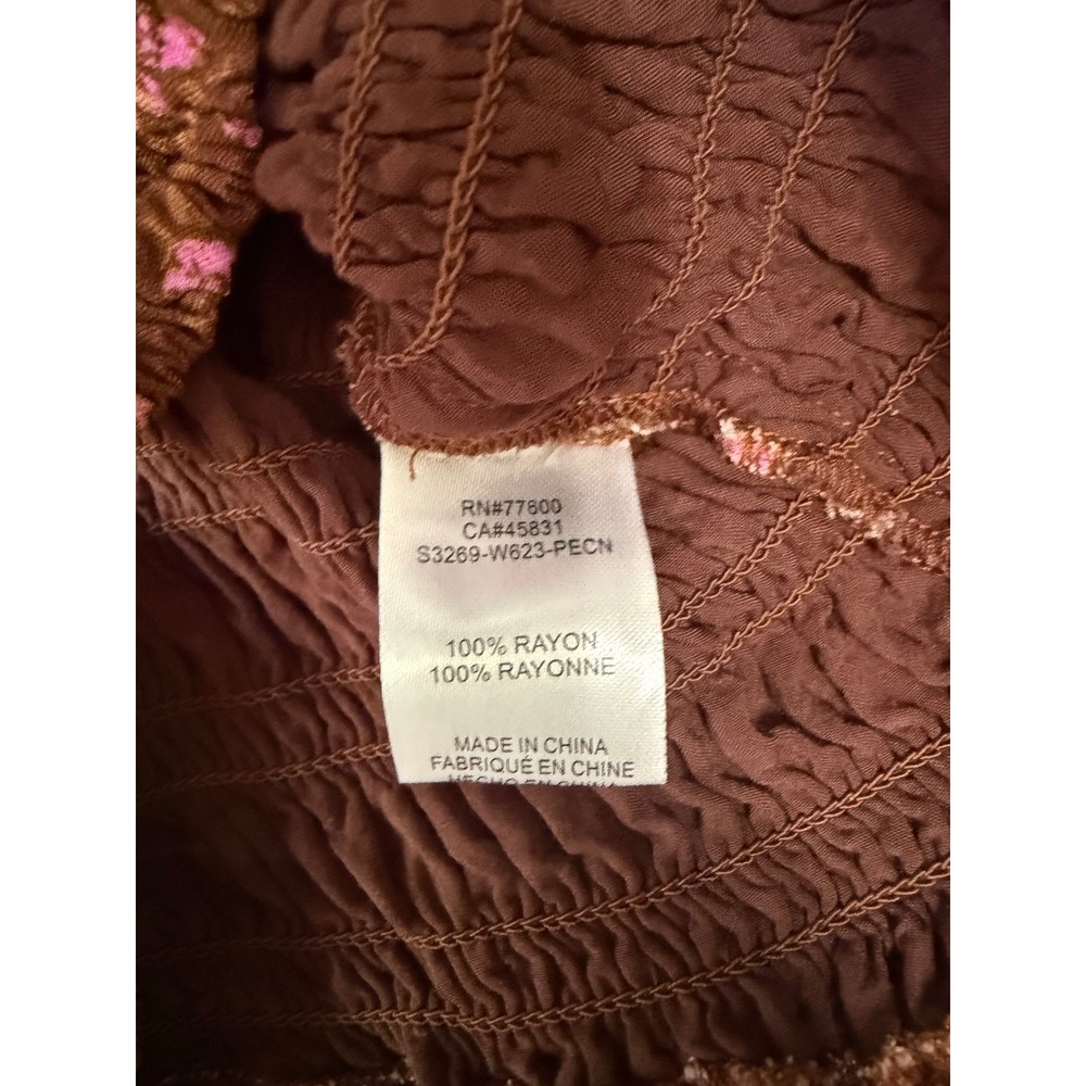 Saltwater Luxe Brown Pink Floral Smocked Puff Sleeve Crop Top Tie Front Medium - Picture 8 of 9